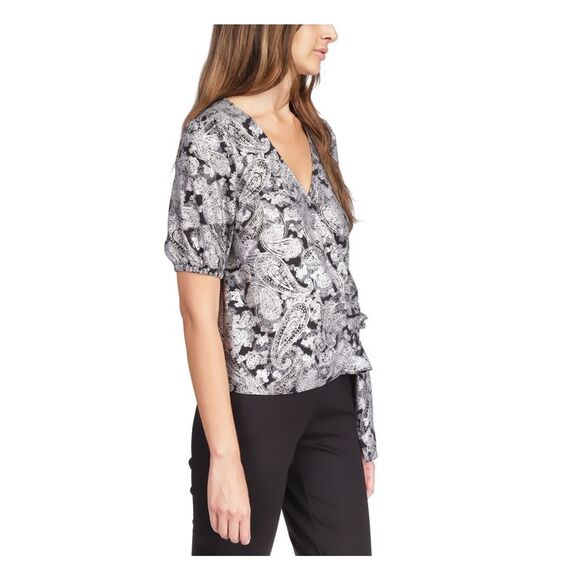 MICHAEL MICHAEL KORS Womens Black Tie Closure Short Sleeve Faux Wrap Top XL - Picture 3 of 4